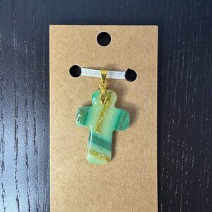 Handmade Translucent Green & Gold Fleck Cross Pendant | Polymer Clay